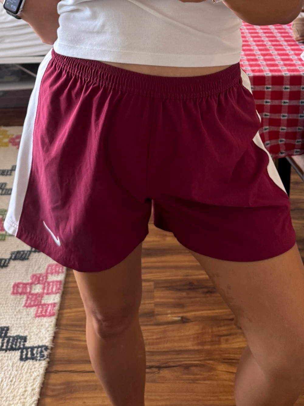 Nike Women's Dri-Fit Burgundy Athletic Shorts with White Mesh Side Panels L